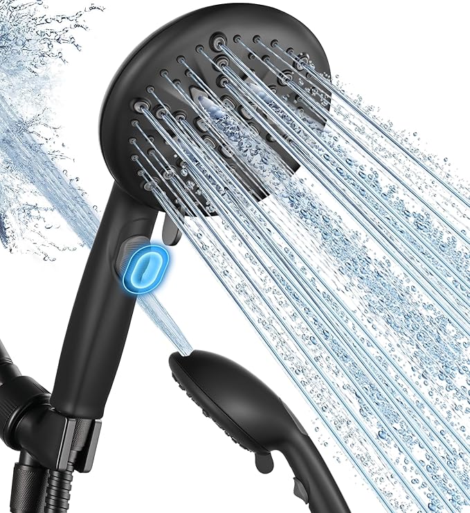 Cobbe 9-Function Shower Head with Built-in Power Spray, 1.8 GPM Water Saving ON/OFF Toggle Switch, High Pressure Handheld Showerhead with 1-Click Pause Button, Brass Bracket & 6ft Hose, Black