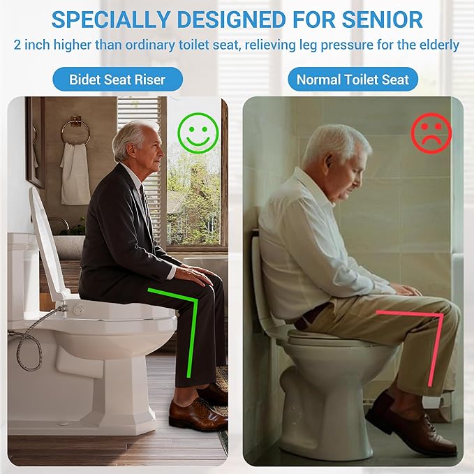 Bidet Toilet Seat Non Electric, Elongated Raised Toilet Bidet Seat with Dual Nozzles, Self Cleaning, Soft Close Lid, Rear and Feminine Washing for Seniors Adults