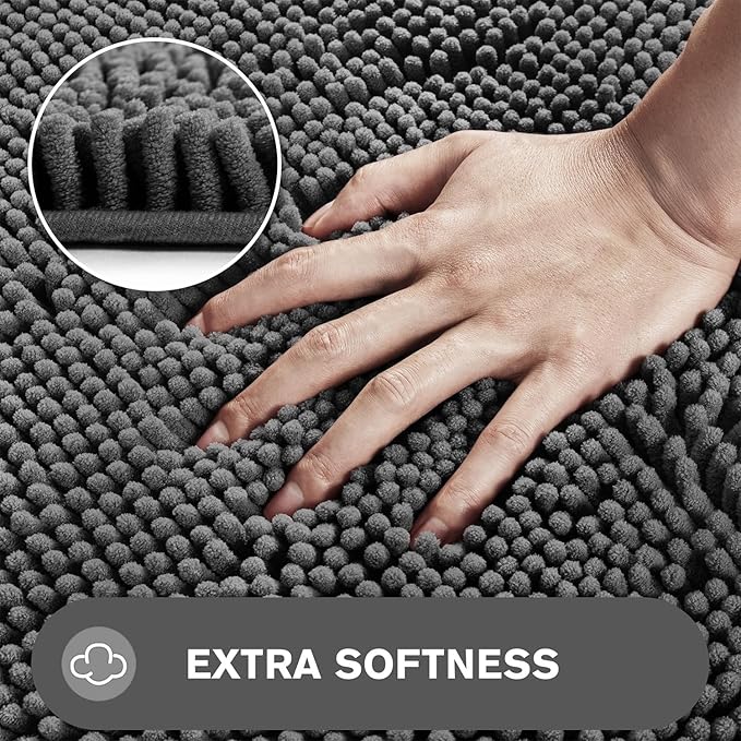 Gray Bathroom Rugs – Absorbent and Washable Bath Mat, Non-Slip, Thick Soft Chenille Bath Rugs for Bathroom Floor, Shower, Sink - 20" x 32"