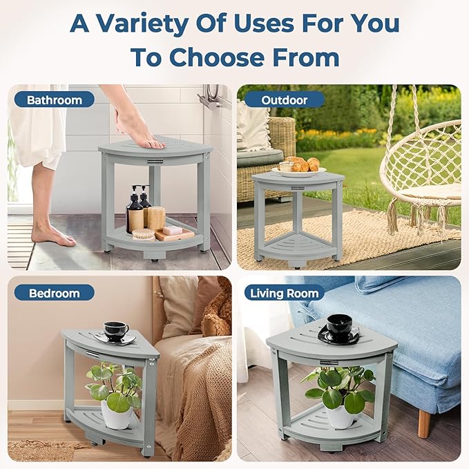 KingPavonini Corner Shower Stool for Inside Shower, Anti-Fading Shower Bench for Shaving Legs, HDPS Waterproof Shower Seat with Storage Shelf, Load 400 Pounds