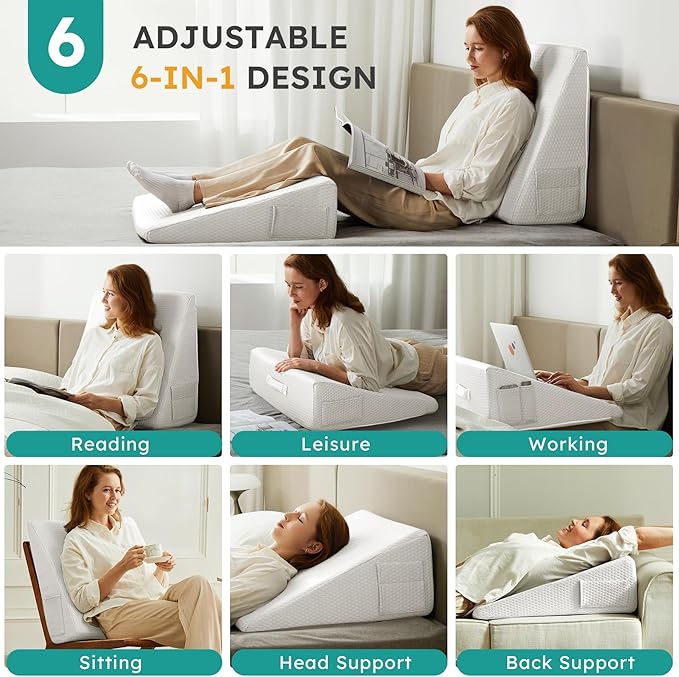 Bedluxe Wedge Pillow, 10 inch Bed Wedge Pillow for Headboard, Pillow Wedge for Acid Reflux Relief, Sleeping, After Surgery, Snoring, Gerd, Triangle Pillow Wedge - Cooling Memory Foam Top, White