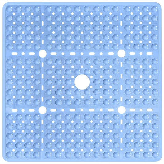 Large Square Shower Mat 27 x 27 Inch Light Blue, Non Slip Shower Bathtub Mats for Inside Shower with Big Suction Cups Drain Holes, Anti Slip Bathroom Floor Stall Mats, Easy Clean, BPA-Free