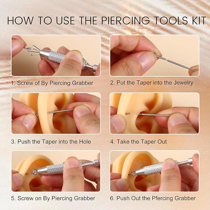 GEMQUEEN Piercing Taper Ball Grabber Tool for Changing Jewelry - 14G 16G 18G 20G Stainless Steel Flat Back Earrings Applicator Tool Threadless Insertion Pin Thread Body Piercing Kit for Ear Nose Lip
