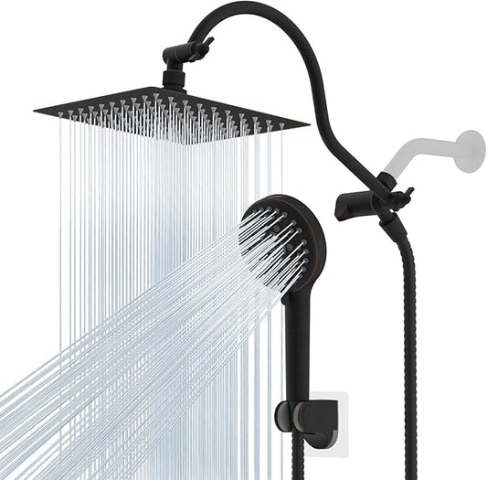 Hibbent All Metal Shower Head, 8'' High Pressure Rainfall Shower Head/Handheld Showerhead Combo with 12'' Adjustable Curved Shower Extension Arm, 10-Spray, 71'' Hose, Shower Holder, Oil Rubbed Bronze