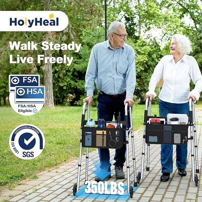 Folding Walkers for Seniors with Basket and Glide Skis, 5" Wheels Lightweight Rolling Walker, Support Up to 350 lbs, Height Adjustable Standard Compact Walker, Silver