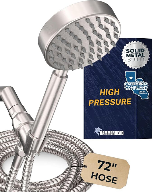HammerHead Showers® Solid Metal LOW FLOW Handheld Shower Head with Hose and Brass Holder - BRUSHED NICKEL – Water Saving 1.75 GPM Detachable Shower Head - Adjustable Shower Wand Bracket & 6ft Hose