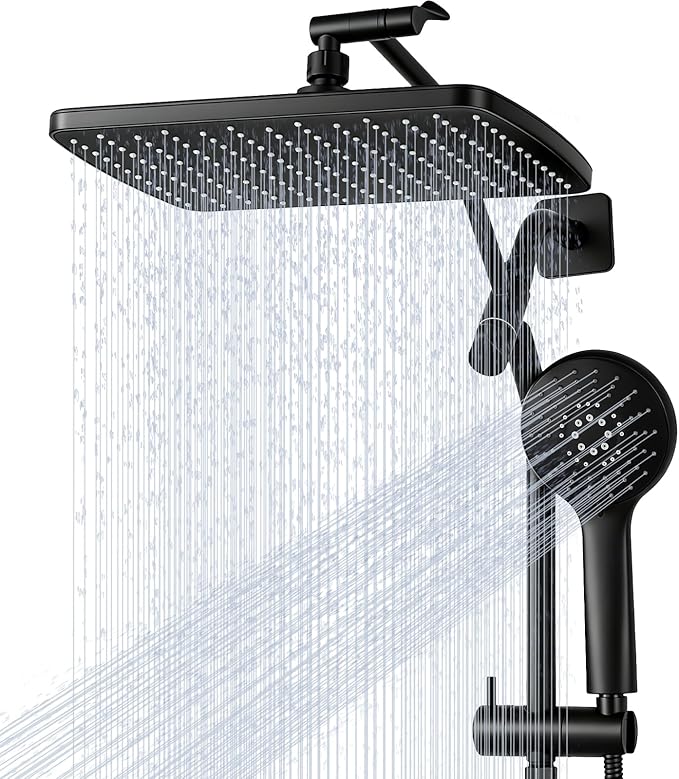 11.8" Rain Shower Head with Handheld, High Pressure Handheld Shower with Multi Spray Modes, Rainfall Combo with Metal Extension Arm, Detachable Dual Showerhead, Bathroom Decor, Matte Black