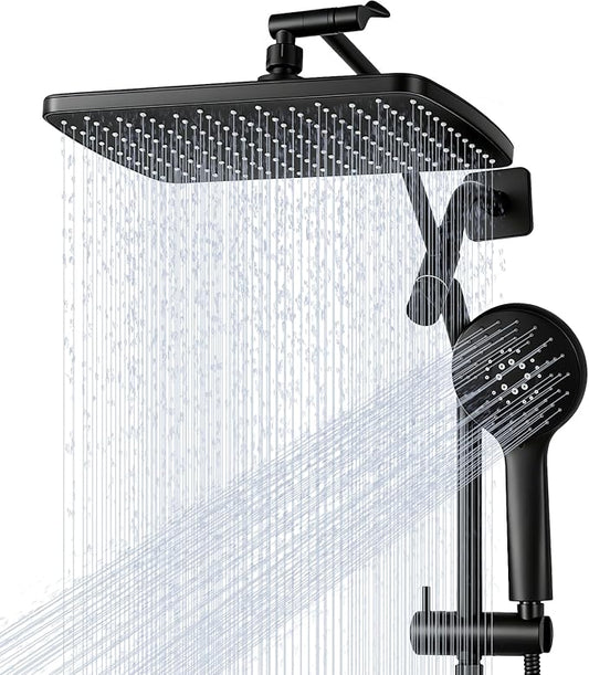 11.8" Rain Shower Head with Handheld, High Pressure Handheld Shower with Multi Spray Modes, Rainfall Combo with Metal Extension Arm, Detachable Dual Showerhead, Bathroom Decor, Matte Black