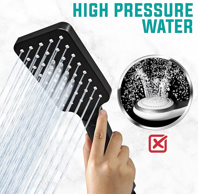 Metpure Handheld Shower Head with Easy Clicker for Multiple Sprays. Low Profile Lightweight Rectangular Shower Head. Stainless Steel Hose & Adjustable Mount Holder. Matte Black Finish