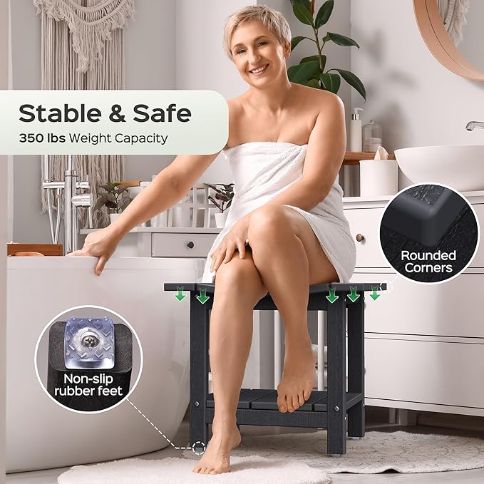 LyriFine Shower Bench - HDPE Waterproof Shower Bench for Inside Shower, 18.7" Shower Stool with Shower Head Holder, 350lbs Shower Seat with Storage Shelf, Shower Chair for Bathroom Indoor Outdoor Use