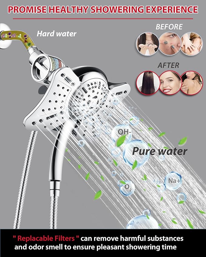 GRICH 2.5GPM Shower Head with Handheld Spray Combo: 2 in 1 Rainfall Shower Heads high pressure & Handheld Shower Head, 9 Spray Modes/Settings Detachable Shower Head with 60 Inch Hose, Chrome Filtered