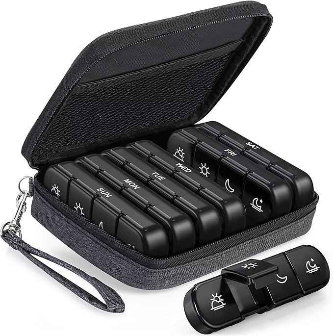 PULIV Weekly Pill Organizer 4 Times a Day with a Business Stylish Bag, Portable Pill Box 7 Day with 28 Compartments for Men, Removable Pill Sorters to Store Vitamin, Medication, Fish Oil, Supplements