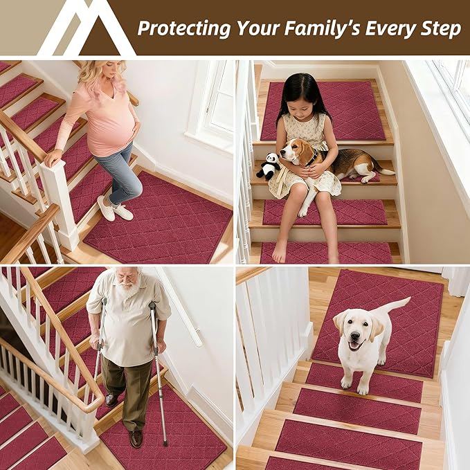 COSY HOMEER Stair Landing Rugs Non-Slip Corner Indoor Edging Stair Treads for Wooden Steps,Washable Soft Stair Landing Mat for Kids,Elder and Dogs,Polyester,TPE Backing,Red,30x30inch