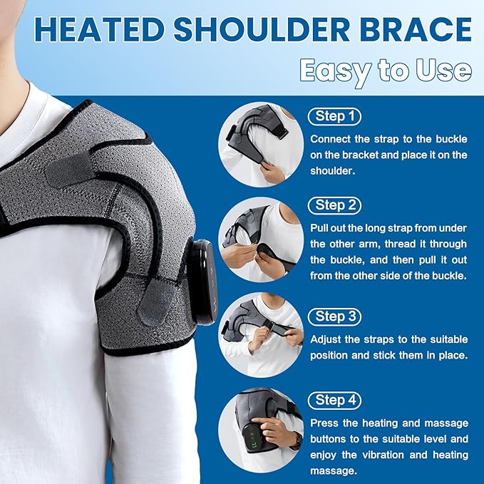 Cordless Shoulder Heating Pad with Massage, Electric Heated Shoulder Wrap with 3 Vibration & 3 Heat, Heating Pads for Rotator Cuff and Frozen Pain Relief,5000mAh Chargeable Powered,Men&Women