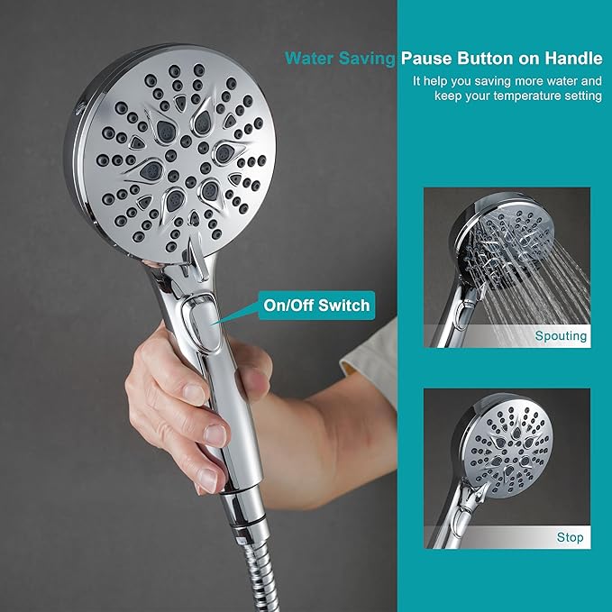 GwernKB Handheld Shower Head with on off Switch&Built-in Power Spray,7-Setting High Pressure Spray Shower Wand with 79in Long Hose&Bracket and Extra Adhesive Shower Holder for Lower Mount,Chrome