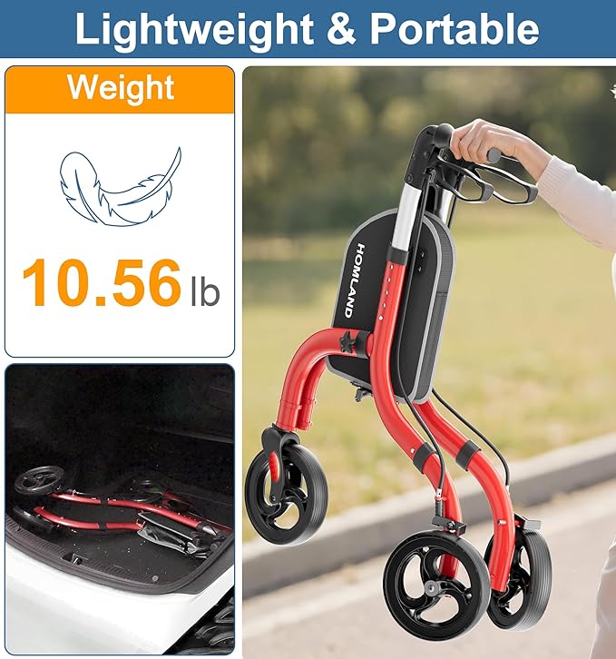 Foldable 3 Wheel Walkers for Seniors, Lightweight AluminumThree-Wheeled Walker, Height Adjustable Compact Walker with Removable Storage Bag