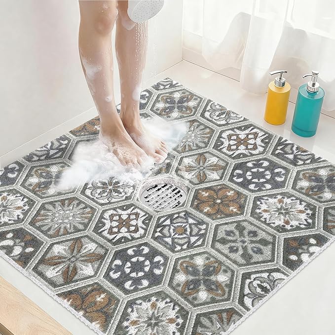 Square Shower Mat Non Slip: 36x36 Inch Extra Large Shower Mats for Inside Shower, Anti Slip Shower Floor Mat, Loofah Shower Stall Mats for Elderly, Non Slip Shower Mat with Drain Hole in Middle