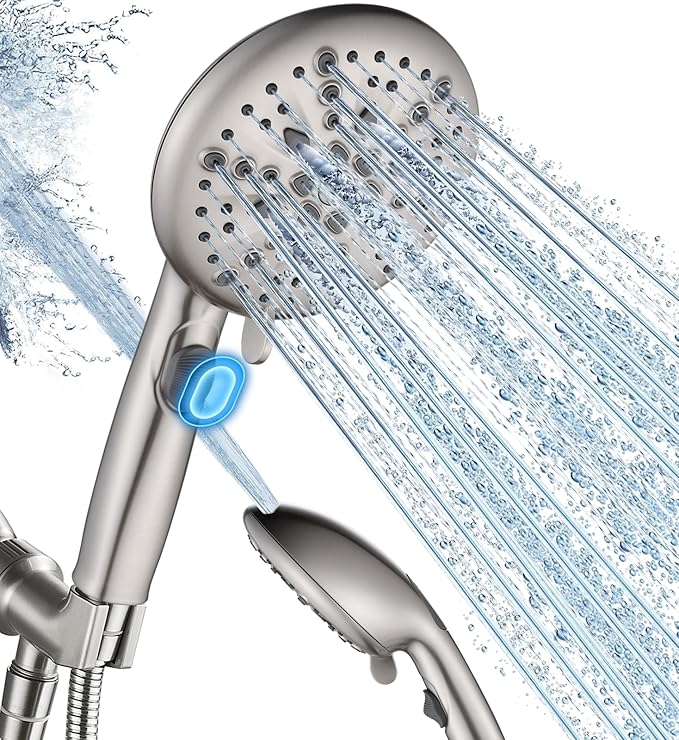 Cobbe 9-Function Shower Head with Built-in Power Spray, 1.8 GPM Water Saving ON/OFF Toggle Switch, High Pressure Handheld Showerhead with 1-Click Pause Button, Brass Bracket & 6ft Hose, Brushed Nickel