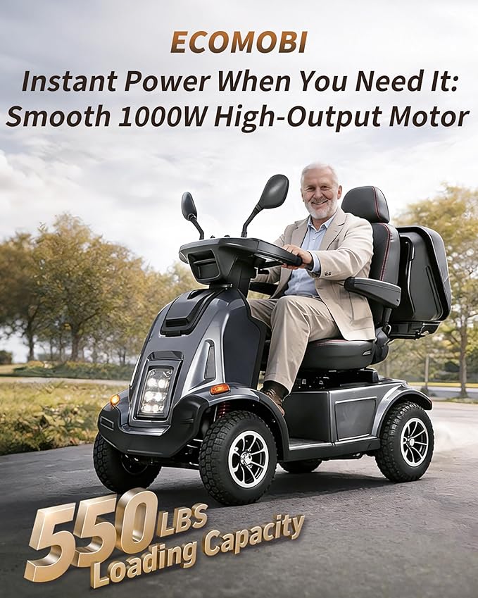 Ecomobi All-Terrain Heavy Duty Mobility Scooter for Seniors & Adults, 1000W Powerful Motor, 550 lbs Weight Capacity, 32 Mile Extended Range, 9 MPH, 13” Pneumatic Tires, Full Suspension, FDA Cleared