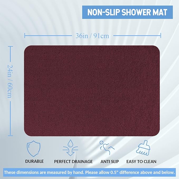 Hargiis Non-Slip Bathtub Mat, Anti Slip Shower Mat, Fast Drying Bathtub Mats, Foot Scrubber Mat, Anti Slip Mat for Tub, Floor, Bathroom, Kitchen, Home, Hotel (Wine Red 36"×24")