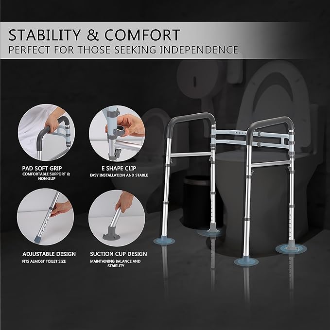 Lianjindun Toilet Safety Rails, Adjustable Toilet Frame for Elderly, Seniors, Handicap & Disabled, Foldable Handicap Toilet Handles Fit Any Toilets (Gray)