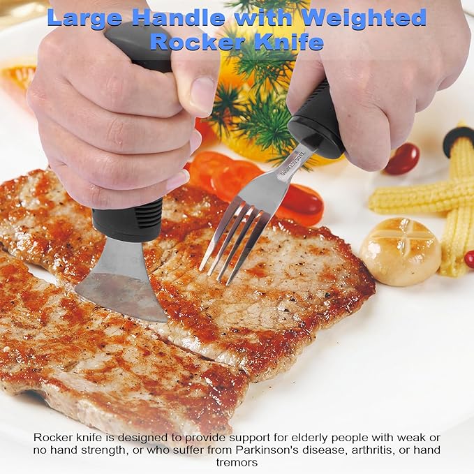 Adaptive Utensils, Weighted Utensils for Hand Tremors, Utensils for Parkinsons Patients,Elderly,Arthritis,Weak Hand Grip. Stainless Steel Knife,Fork,Spoons and Rocker Knife Set (4pcs Regular)