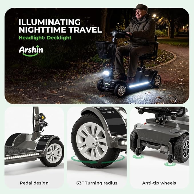 Arshin Mobility Scooter, Electric Foldable Mobility Scooter 300lbs Capacity with Detachable Battery, 15-Miles Powered Mobility Scooters for Seniors & Adults, Charger Included (A061-BLACK)