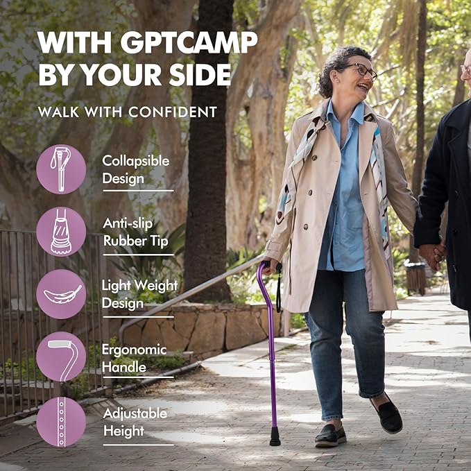 GPTCAMP Walking Cane and Walking Stick for Men Women,Lightweight Folding Canes with Offset Soft Cushioned Handle,Adjustable & Collapsible,Mobility & Leg Surgery Recovery