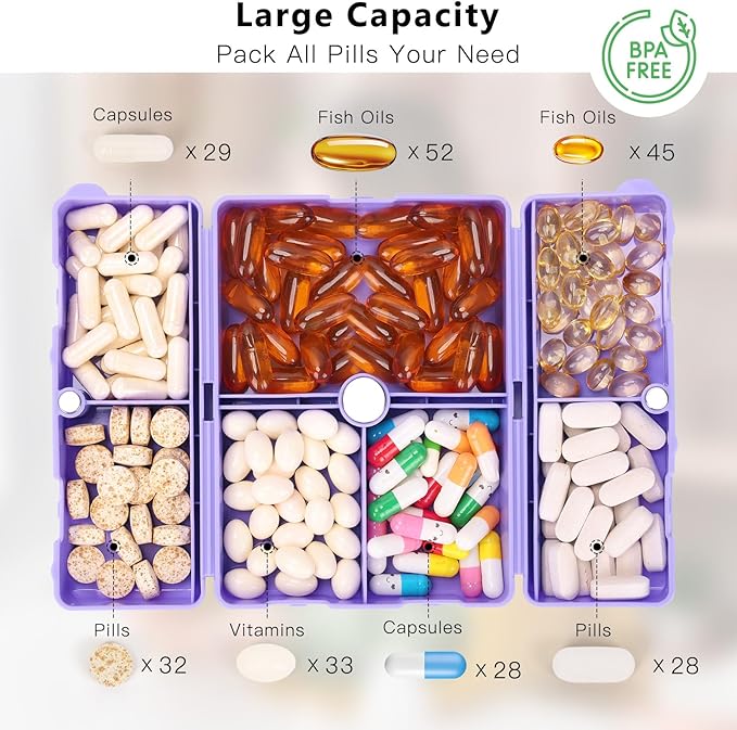 FYY Daily Pill Organizer,7 Compartments Portable Pill Case Travel Pill Organizer,[Folding Design] Large Pill Box for Purse Pocket to Hold Vitamins,Cod Liver Oil,Supplements and Medication-Purple