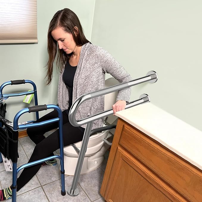 Toilet Support Rail 31.3X 31.5 Inch, Munzong Anti-Slip Chrome Handicap Grab Bar for Bathroom, Stainless Steel Knurled Safety handrails with Leg for Elderly Disabled Pregnant-1.25’Tube