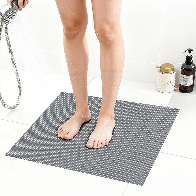Extra Large Non-Slip Shower Mat, Fast-Dry PVC Bath Stall & Tub Mat, Drain-Hole Design,for Shower Stall Tub for Elderly/Kids，Non Slip Bathroom Safety Accessory，Gray 24"x24"