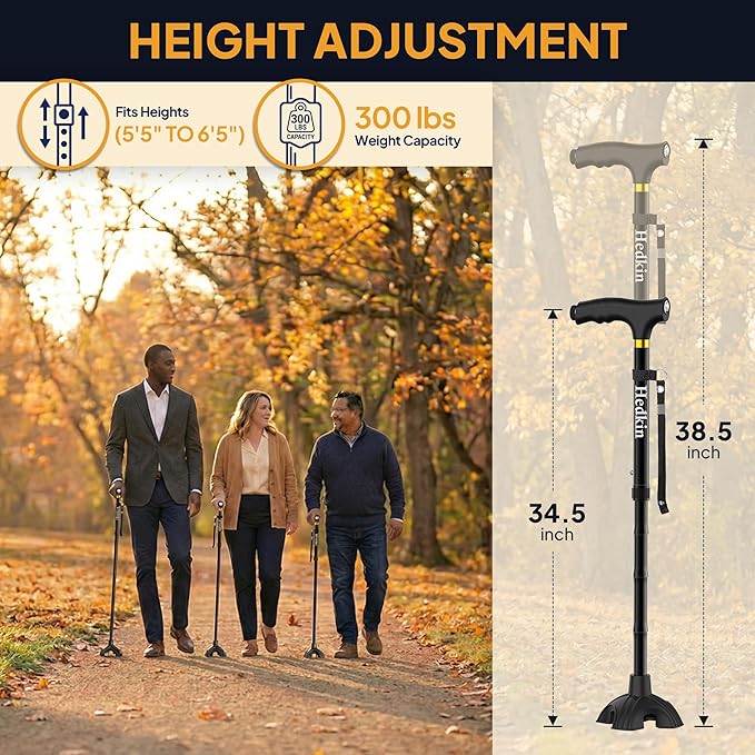 Walking Cane with LED Light, Foldable,Adjustable, Self Standing Walking Canes for Men & Women,Walking Sticks with Quad Base for Seniors & Adults