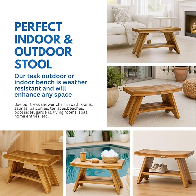 EcoDecors 30 Inch Serenity Teak Shower Bench – Waterproof Bathroom Seat-Large Storage Shelf for Adults & Senior-Spa-Style Teak Wood Stool-Non-Slip Feet-Elegant Finish-300 Pound Capacity