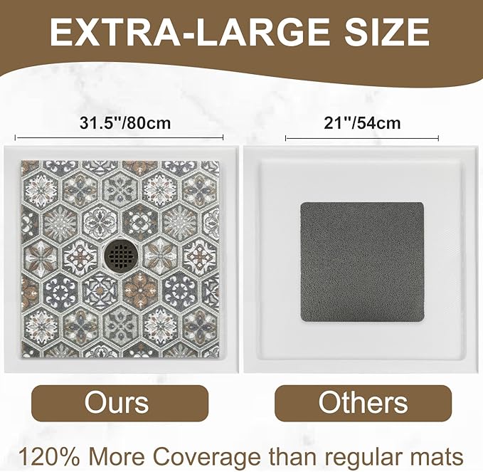 Square Shower Mat Non Slip: 32x32 Inch Extra Large Shower Mats for Inside Shower, Anti Slip Shower Floor Mat, Loofah Shower Stall Mats for Elderly, Non Slip Shower Mat with Drain Hole in Middle
