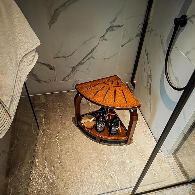 KingPavonini Bamboo Corner Shower Stool for Shaving Legs Foot Rest, Waterproof Bath Bench Seat with Storage Shelf for Bathroom Inside Shower, Hold Up to 450Lbs