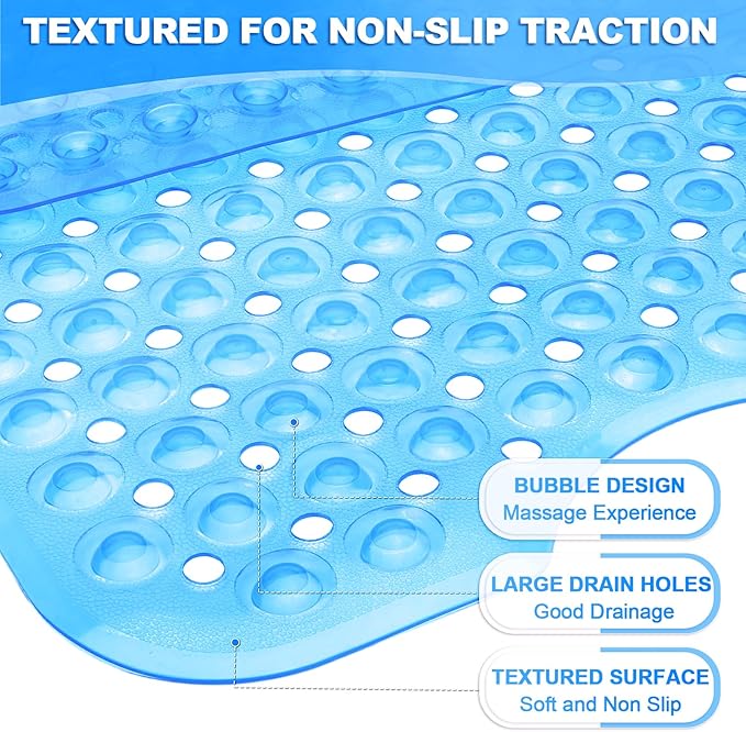 Linoows Bathtub and Shower Mats, 40x16 Inch Extra Large Non Slip Soft Bath Tub Mat with Suction Cups and Drain Holes for Bathroom Floor, Machine Washable, Clear Blue
