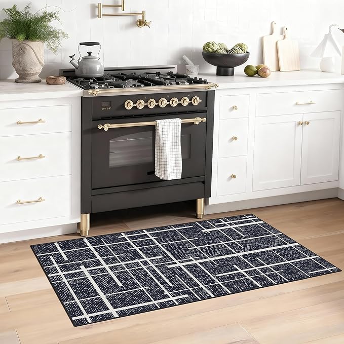 Washable Runner Rug 2x4, Modern Distressed Stripe, Kitchen Runner Rug Non Slip, Woven Thin No Shed Runners for Entryway, Kitchen, Laundry Room- Midnight Black