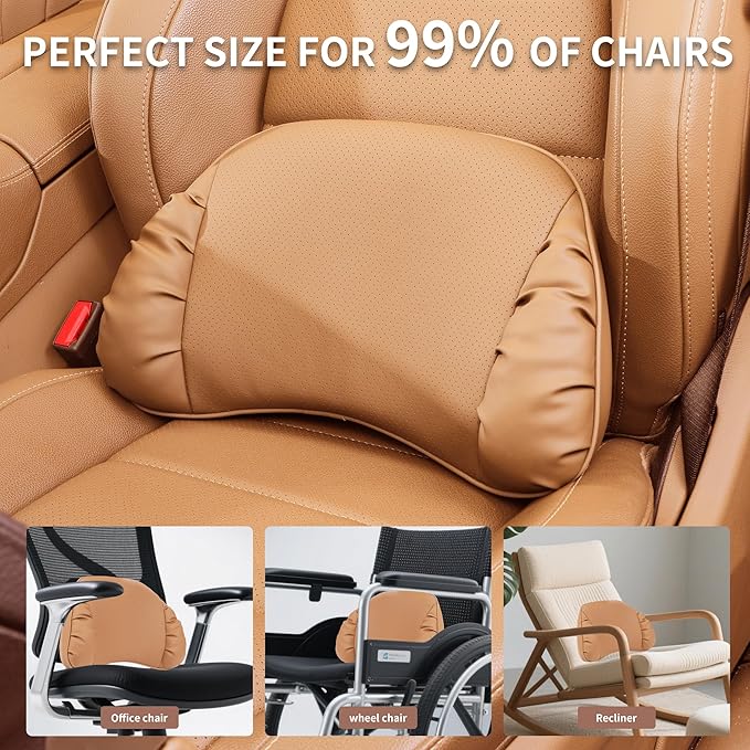 Lumbar Support Pillow for Car Seat, Memory Foam Leather Lumbar Pillow for Lower Back Pain Relief - Back Cushion for Driving - Chair Support for Office Chair, Palomino Brown, 1 Pack