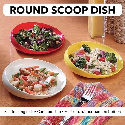 Sammons Preston Red Round Scoop Dish, Unbreakable 8" Scooper Bowl for Elderly, Disabled, & Handicapped, Plate with Non Skid Rubber Padded Bottom for Independent Eating, Self-Feeding Aid