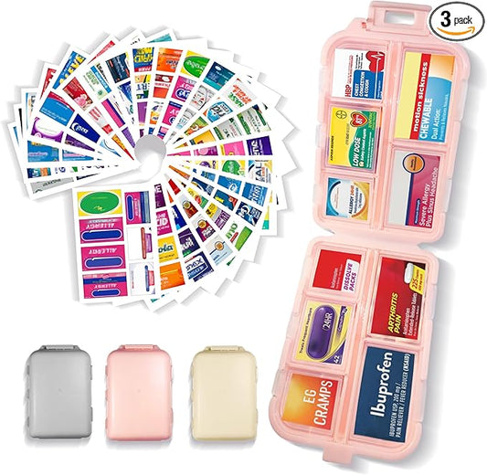 Pill Organizer with Medicine Labels 146 Labels Travel Daily Pill Container Mini Medication Organizer Storage Travel Essentials Pill Case 7 Day Pill Organizer (Beige+Pink+Grey, 3 Packs)