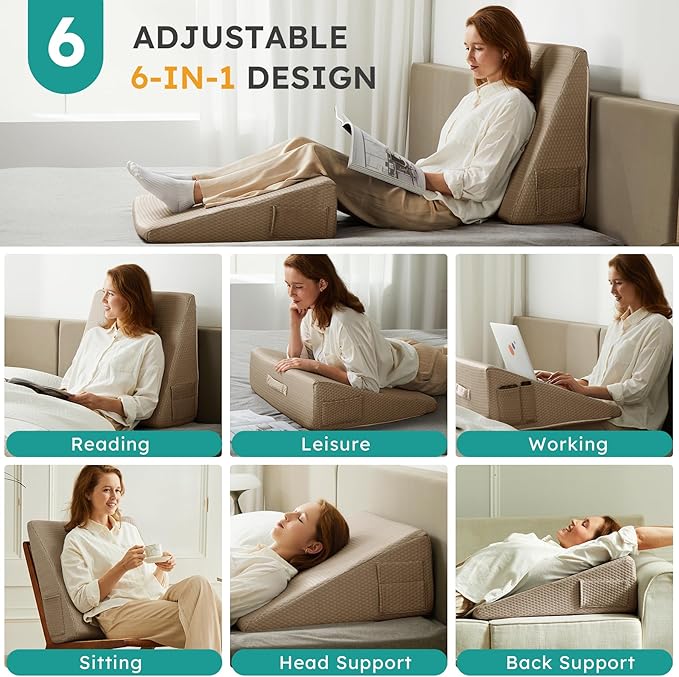 Bedluxe Wedge Pillow, 12 inch Bed Wedge Pillow for Headboard, Pillow Wedge for Acid Reflux Relief, Sleeping, After Surgery, Snoring, Gerd, Triangle Pillow Wedge - Cooling Memory Foam Top, Coffee
