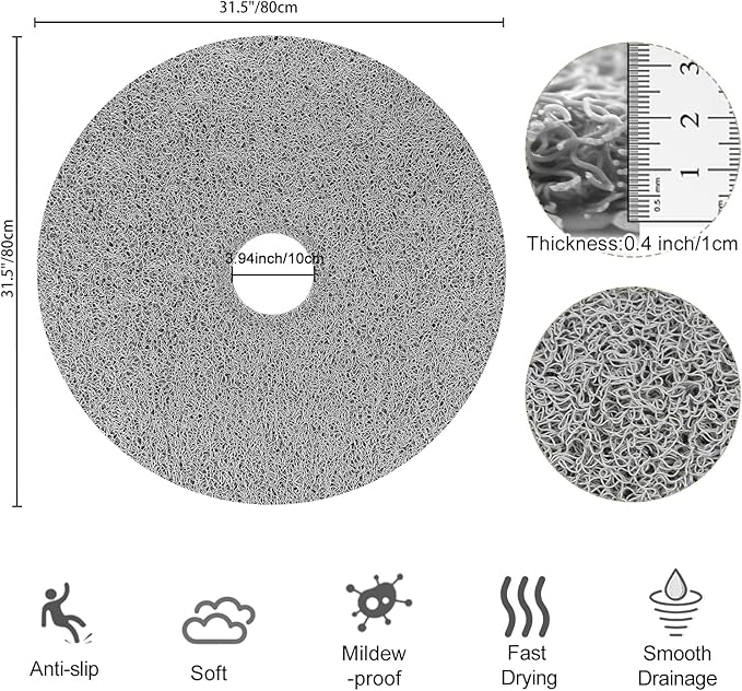 Shower Mat Non Slip, Round Shower Mat for Inside Shower, Non Slip Bathtub Mat, Fast Drying Bath Tub Mats, Loofah Mat for Shower Bathroom, Quick Drying, Resistant (Grey, 32 x 32 Inch)