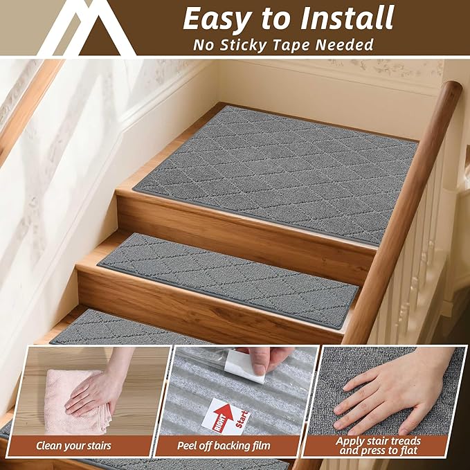 COSY HOMEER Stair Landing Rugs Non-Slip Corner Indoor Edging Stair Treads for Wooden Steps,Washable Soft Stair Landing Mat for Kids,Elder and Dogs,Polyester,TPE Backing,Medium Grey,30x30inch