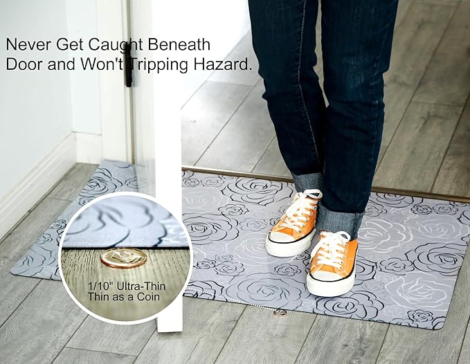 1/10 Inch Ultra Thin 24"×35" Large Front Door Mat Indoor Entrance Inside Non Slip, Waterproof Rubber Kitchen Mat and Interior Home Washable Door Mat, Rose Grey