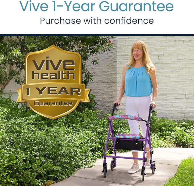 Vive Mobility Steel Rollator Walker with Seat - Foldable, Narrow, Rolling Senior Walker for Small Spaces - 4 Wheel Lightweight Adult Easy Drive with Underseat Storage, Adjustable Height (Black)