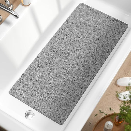 HITSLAM Bathtub Mat Non Slip, 35 x 16 Inch Long Soft PVC Loofah Shower Mat, Bath Mat for Tub Without Suction Cups, Quick Drying Bath Tub Mat for Shower and Bathroom, Easy to Clean, Grey