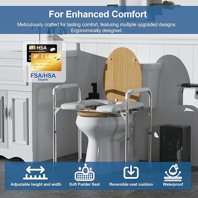 Raised Toilet Seat with Handles, Heavy Duty Toilet Seat Riser for Seniors with Height Adjustable, up to 450lbs, Toilet Chair for Elderly, Pregnant and Handicap, Fit Any Toilet, White