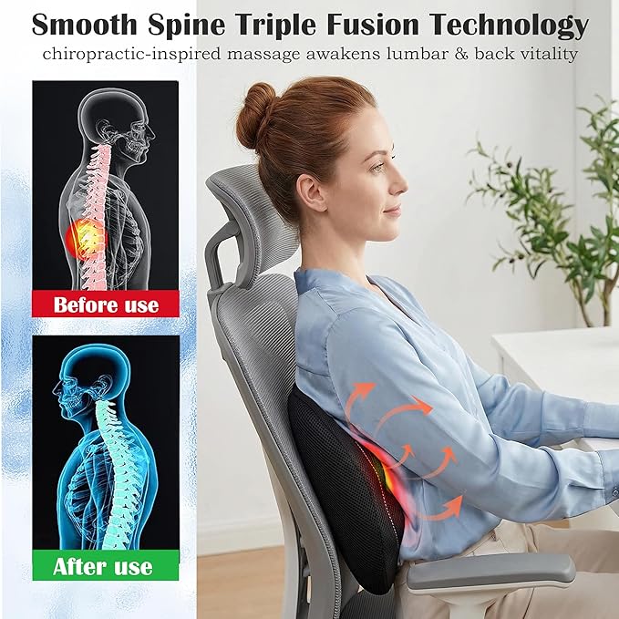 3 in 1 Lumbar Massage Pillow, Deep Kneading Back Massager for Pain Relief, Ergonomic Lumbar Support Cushion, for Home Office Car, Gift for Men Women Seniors