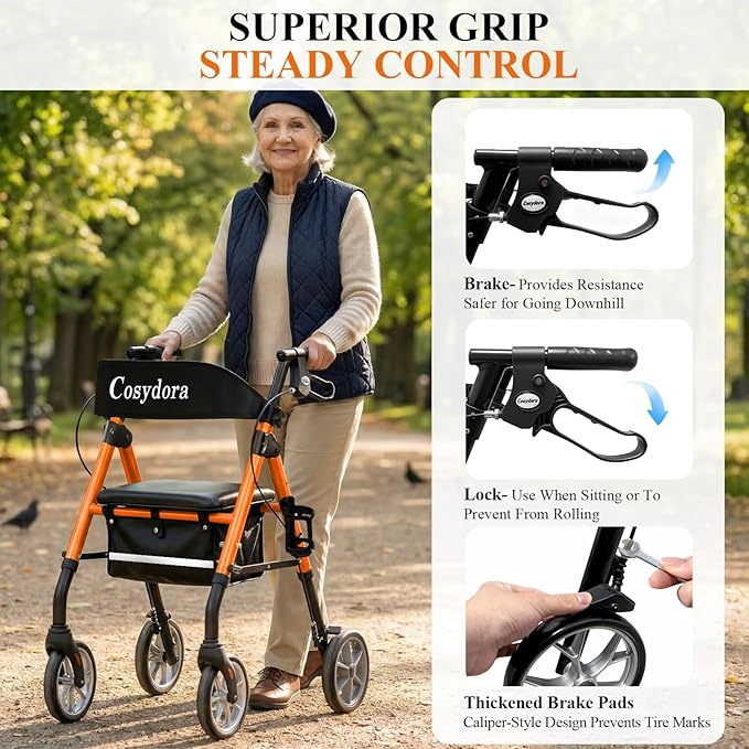 Cosydora Rollator Walkers for Seniors with Seat, 13.6 Lbs Ultra Lightweight Foldable Rolling Walker, 350Lbs Heavy Duty Aluminum, 8" All Terrain Wheels, Dual Adjustable Height, Light Orange
