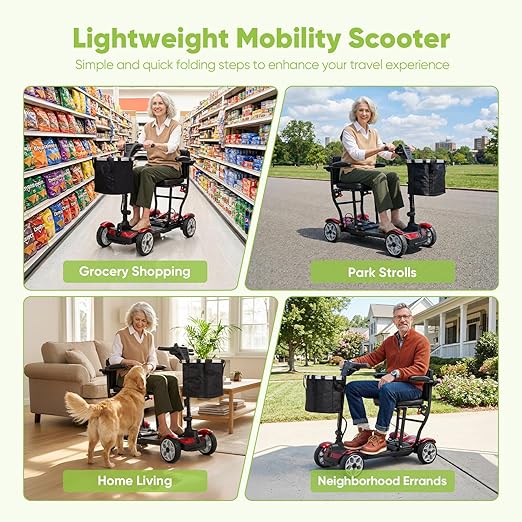 (2026 Upgrade) Lightweight Mobility Scooter for Seniors & Adults, Folding Mobility Scooters, Light Weight 24.8 Miles Trave Foldable 4 Wheeler, Removable Lithium Battery, 300lb Capacity-Gloss Red